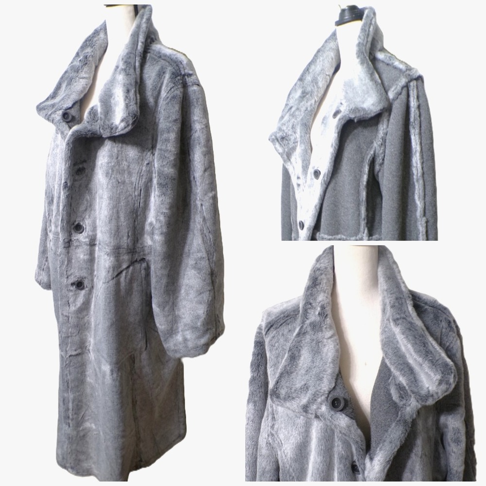 Vtg UTEX Plus 3X Reversible Gray Faux Fur Long Coat Plush Teddy Big Collar Nwt